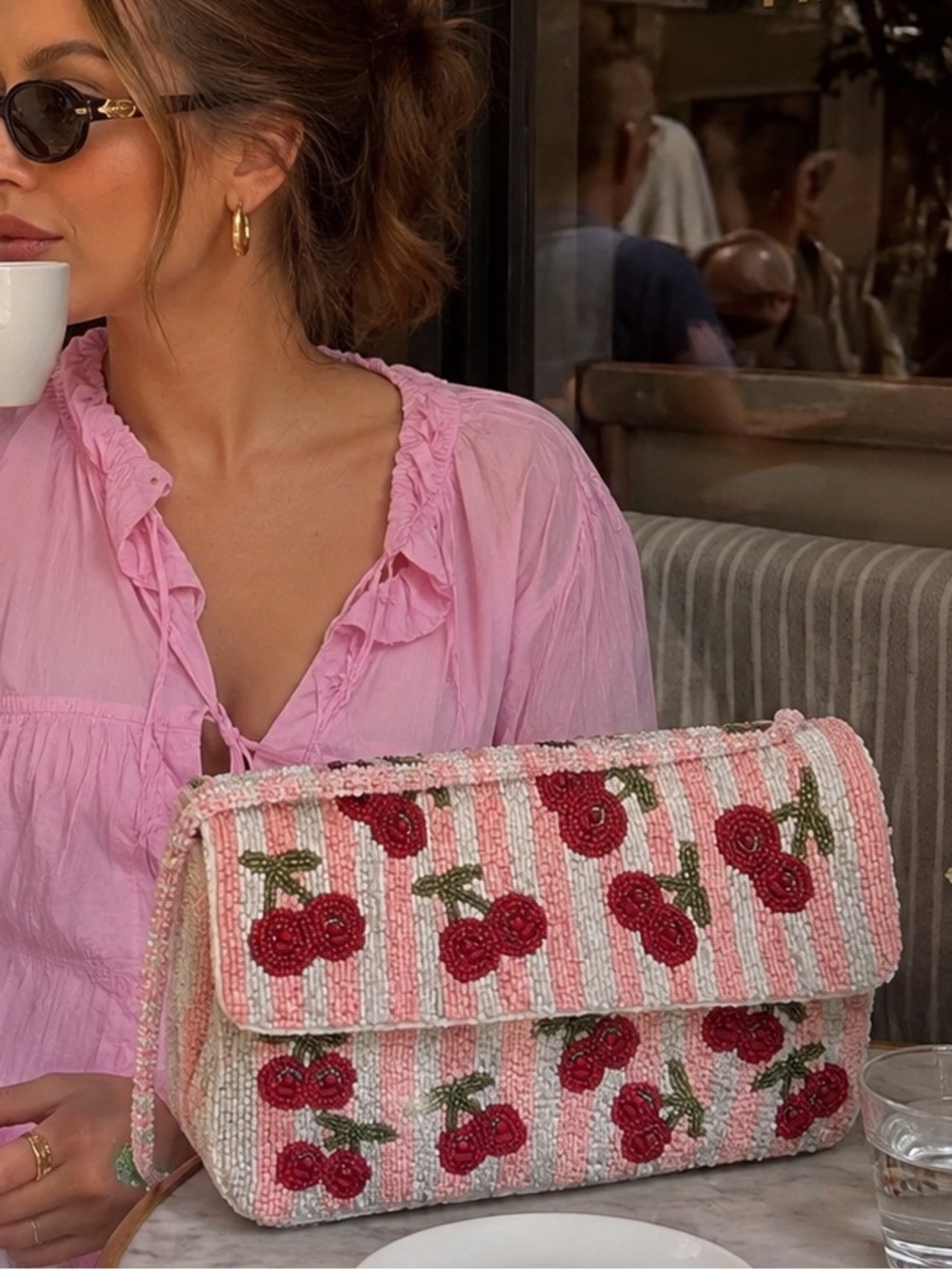 Handcrafted Cherry Shoulder Bag – Pink & White Striped Statement Purse NWT